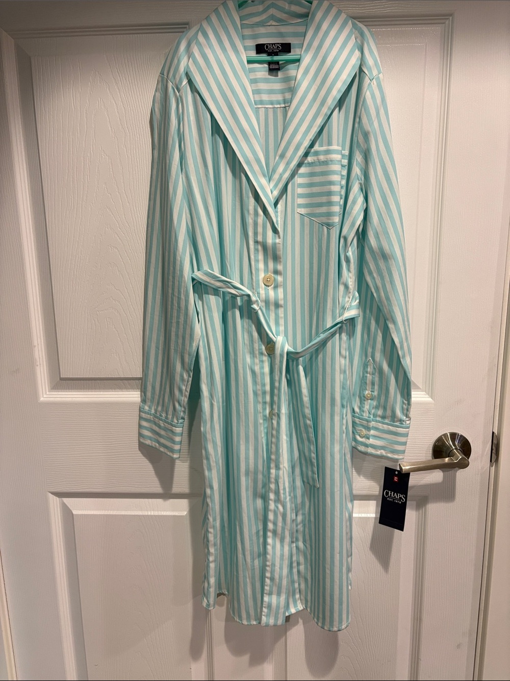 Chaps Mint & White Striped Belted Trench Shirt Dress